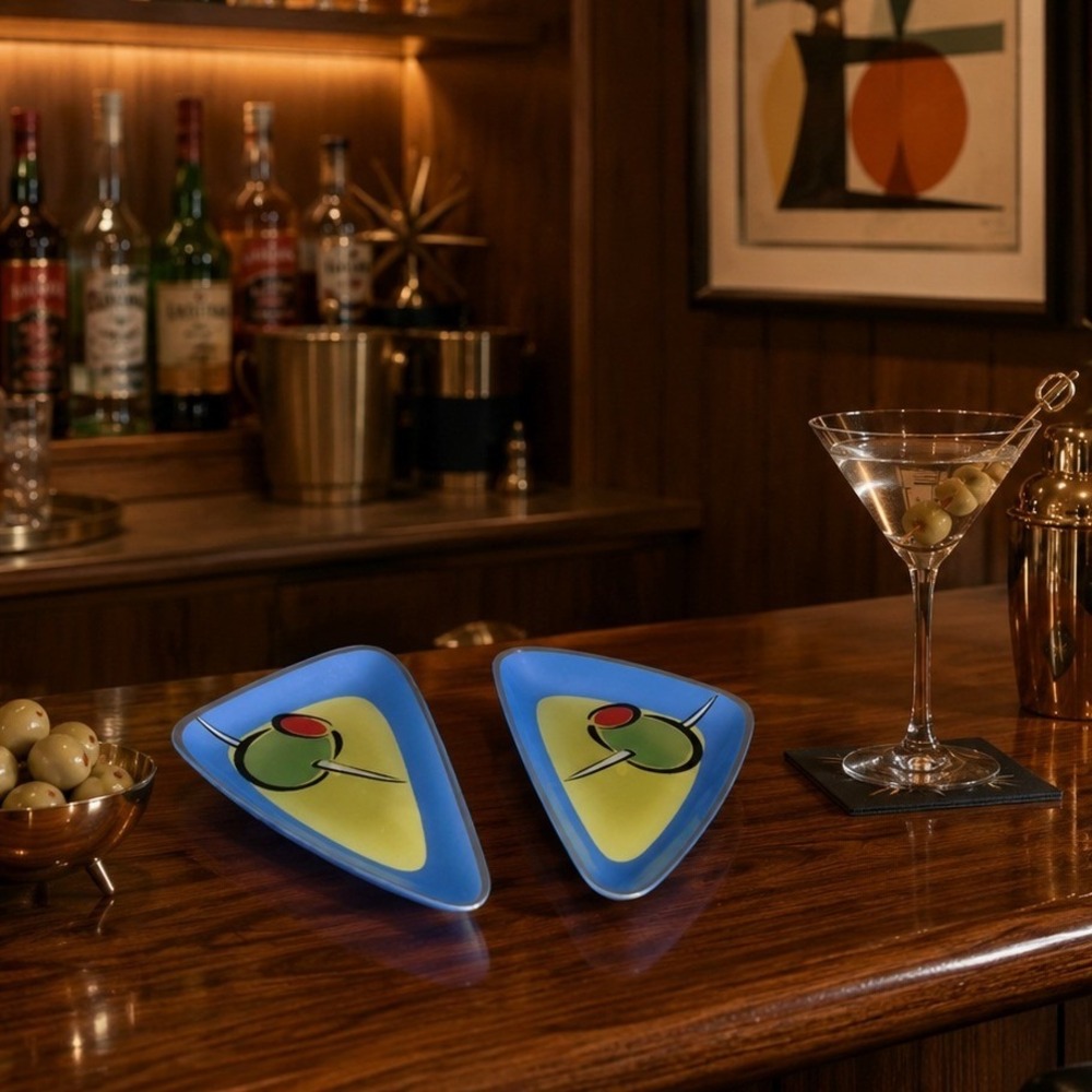Silvestri‎ Glass Martini Olive Trinket Dishes Set of 2 Mid Century Modern Style
